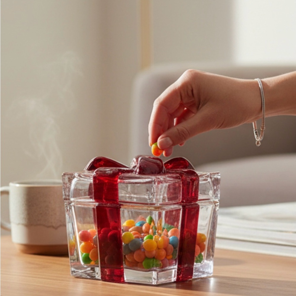 Glass Gift Box Jar
Decorative glass jar with red ribbon design
